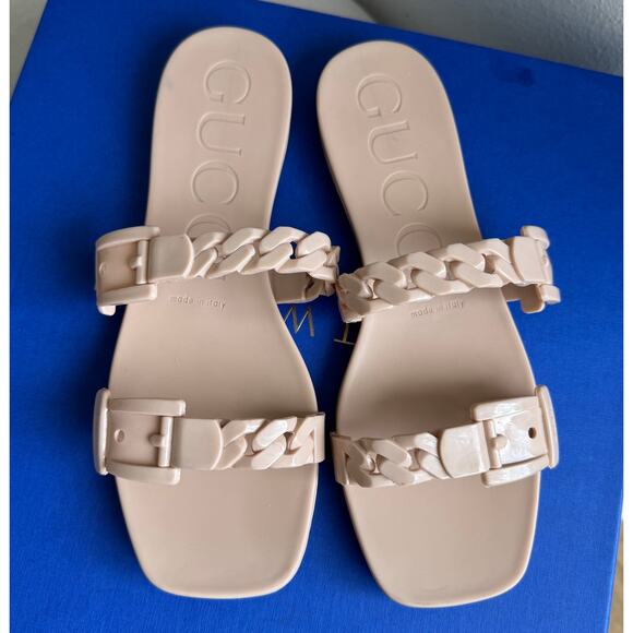 Gucci Blush Pink Jelly Chain Rubber Double Strap Slide Sandals Size 37 EU - Picture 1 of 13